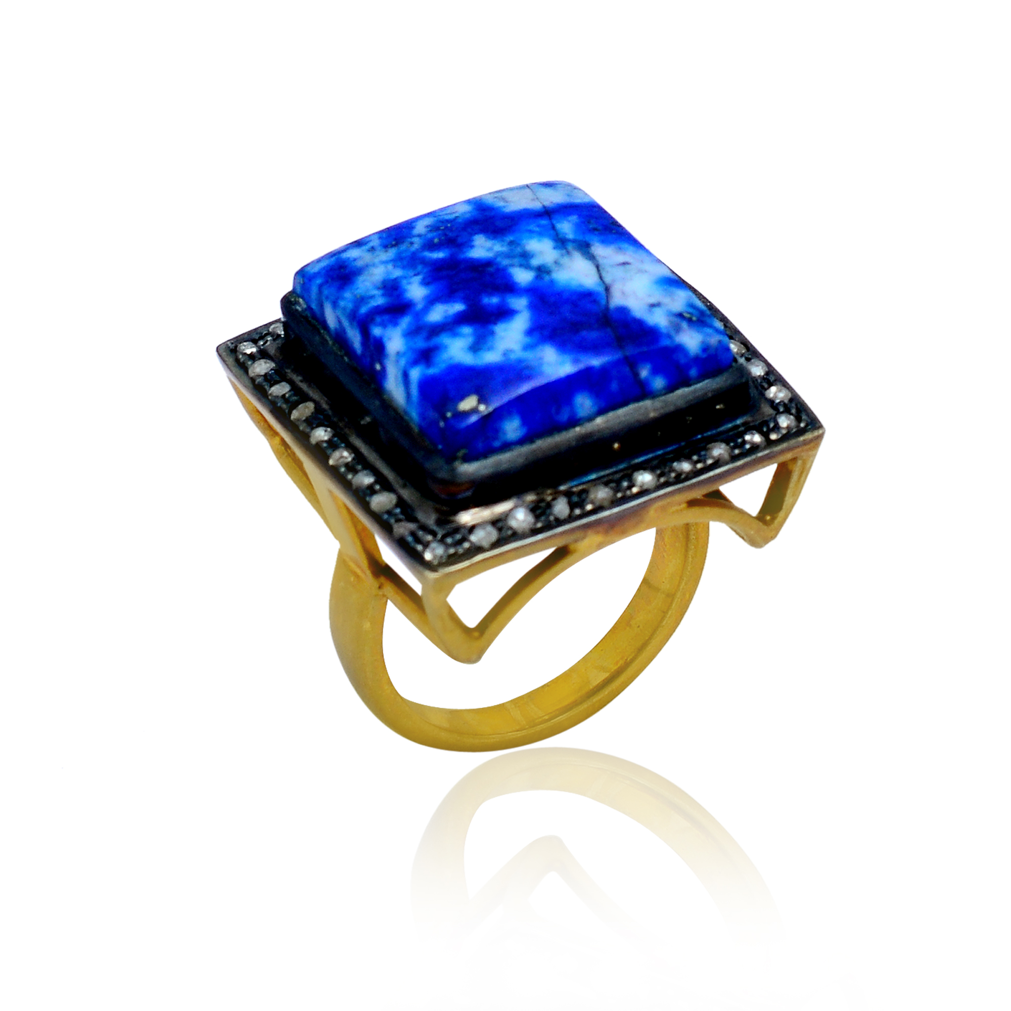 Square lapis & uncut diamonds Victorian gold plated ring in silver - Image 2