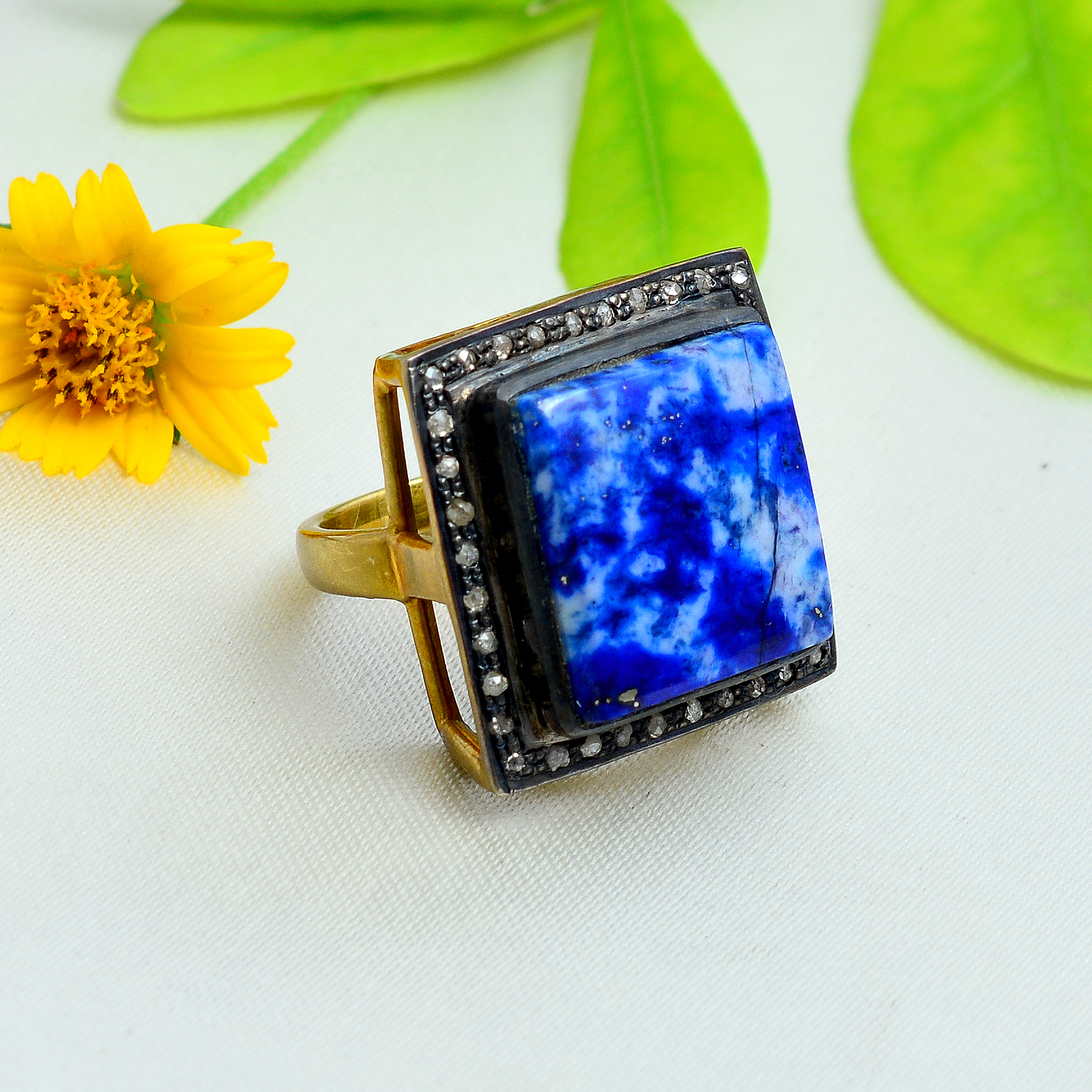 Square lapis & uncut diamonds Victorian gold plated ring in silver