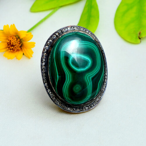 Malachite & uncut diamonds ring in gold plated silver 