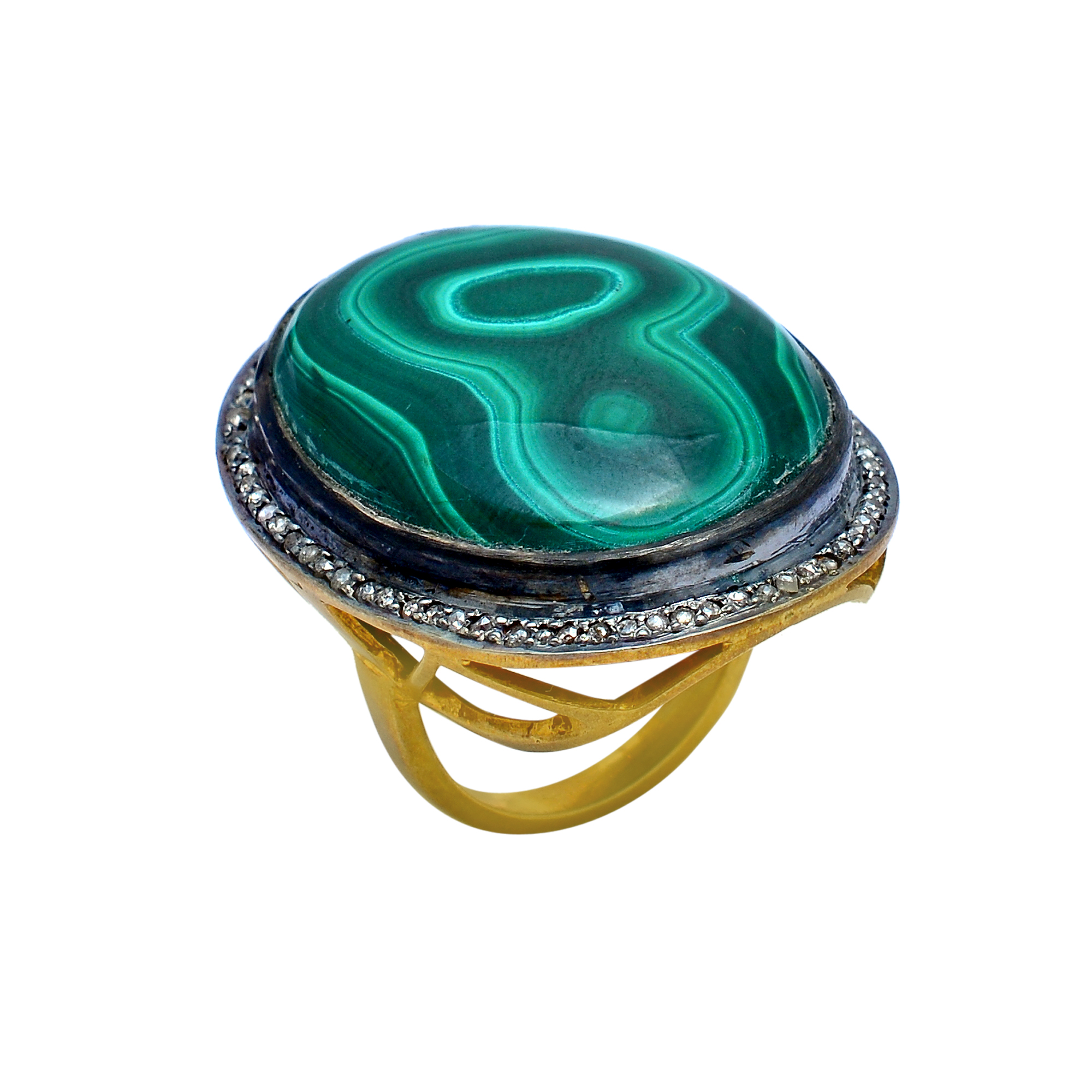 Malachite & uncut diamonds ring in gold plated silver - Image 2