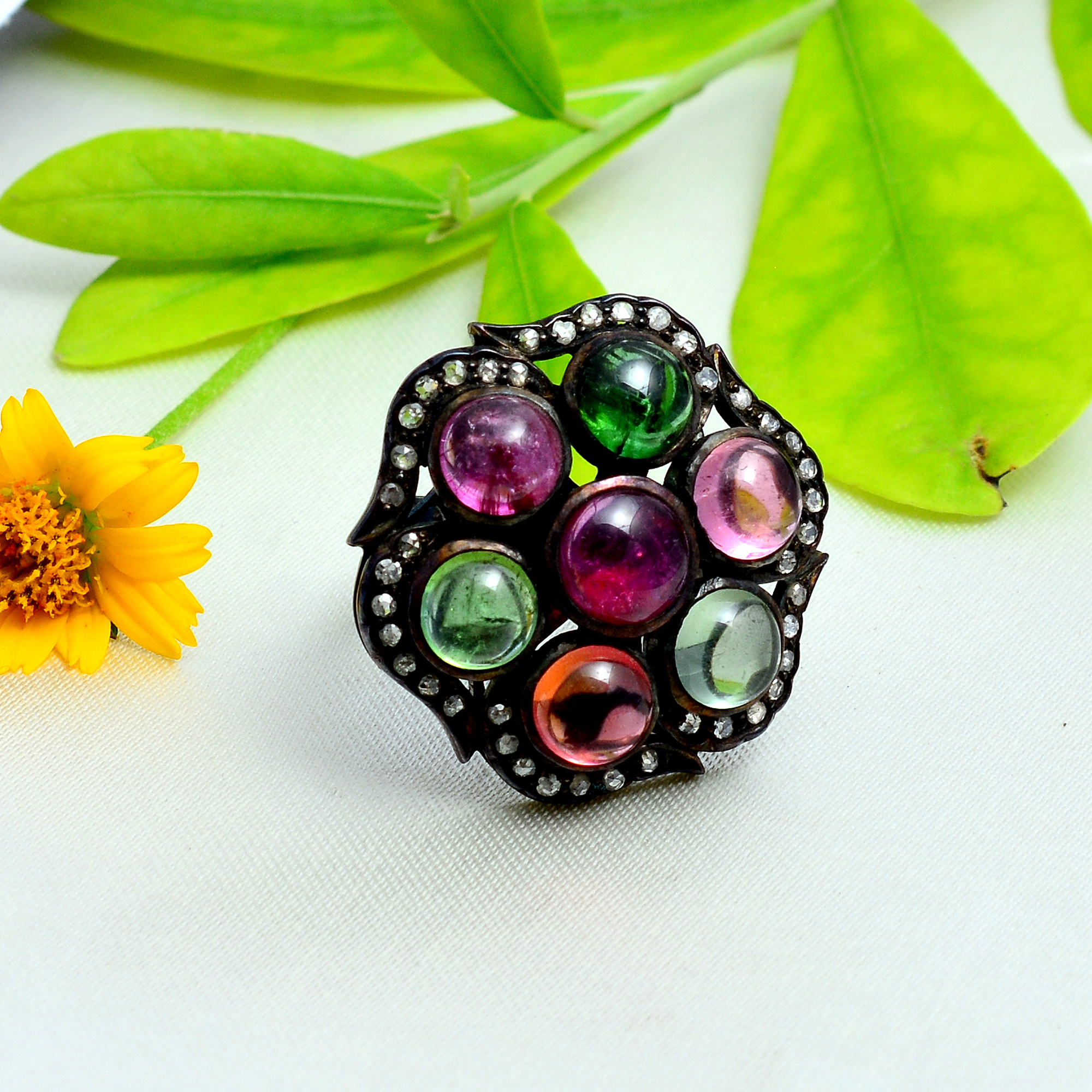 Multi colour tourmaline & uncut diamonds Victorian ring in silver