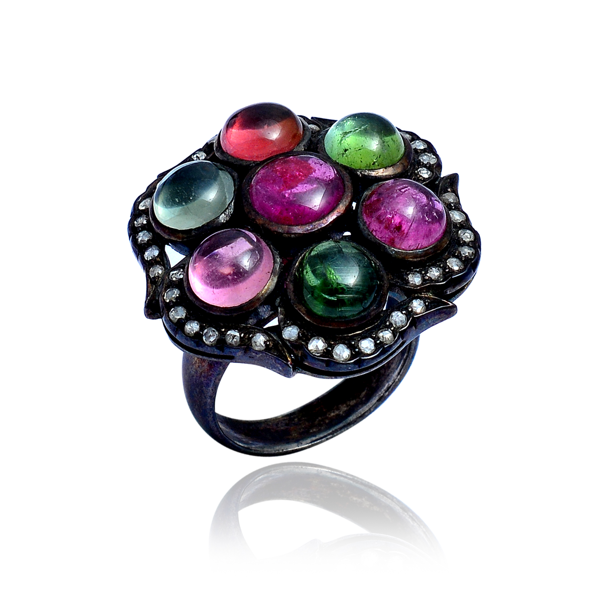 Multi colour tourmaline & uncut diamonds Victorian ring in silver - Image 2