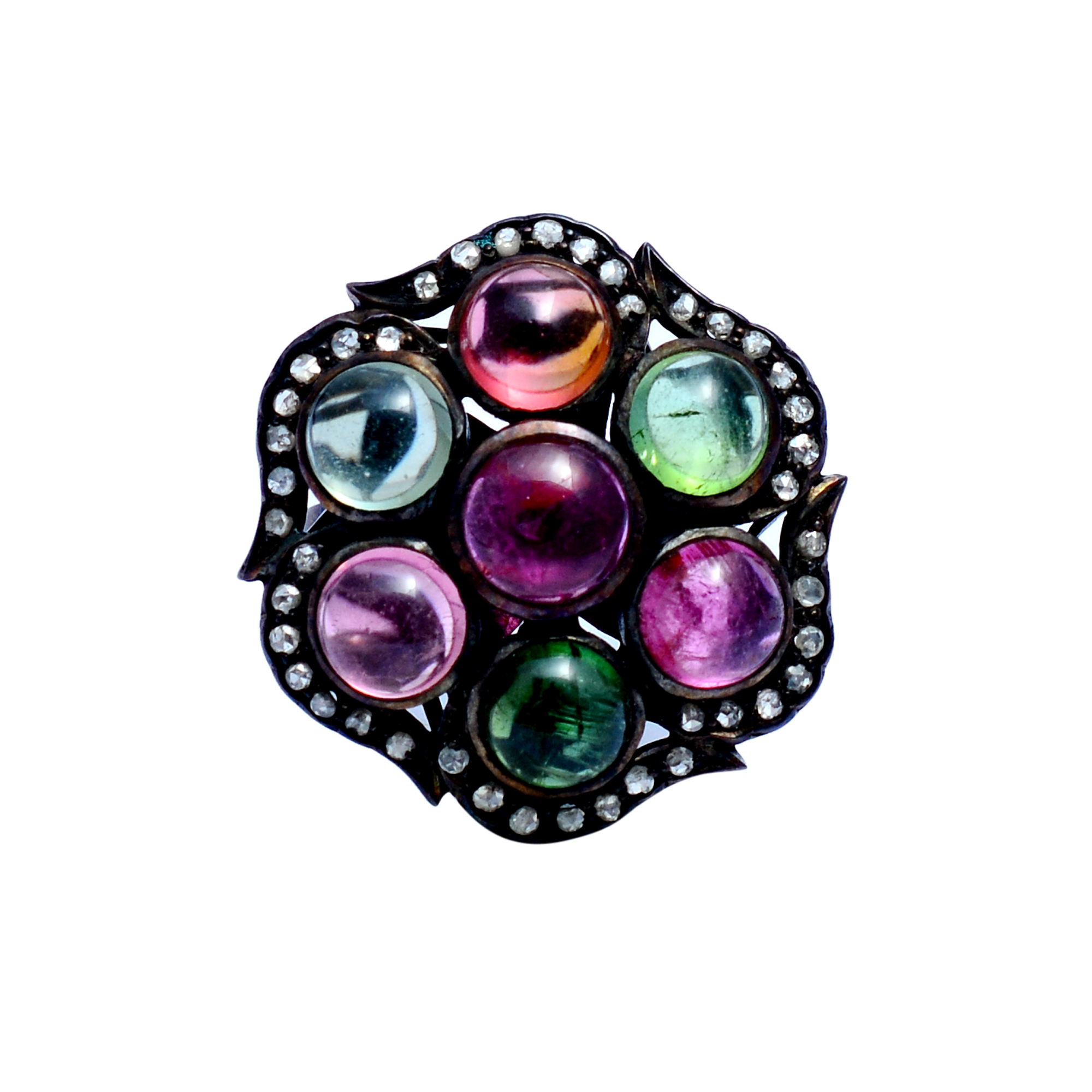 Multi colour tourmaline & uncut diamonds Victorian ring in silver - Image 3