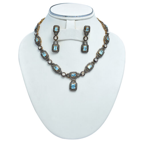 Square blue topaz, diamond polkis & uncut diamonds Victorian necklace set in gold plated silver 