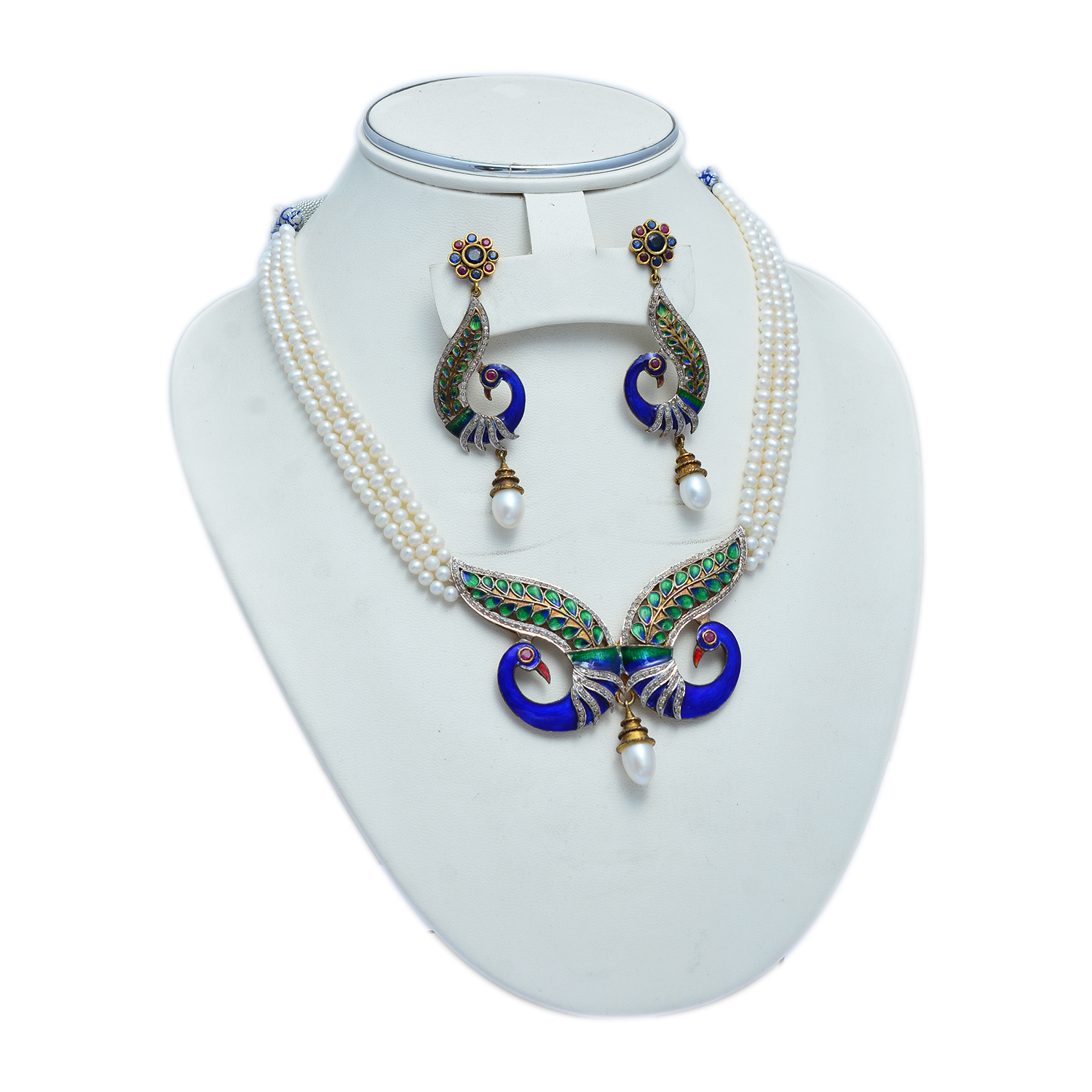 Rubies, blue sapphire, pearls & uncut diamonds enamelled peacock necklace set in gold plated silver