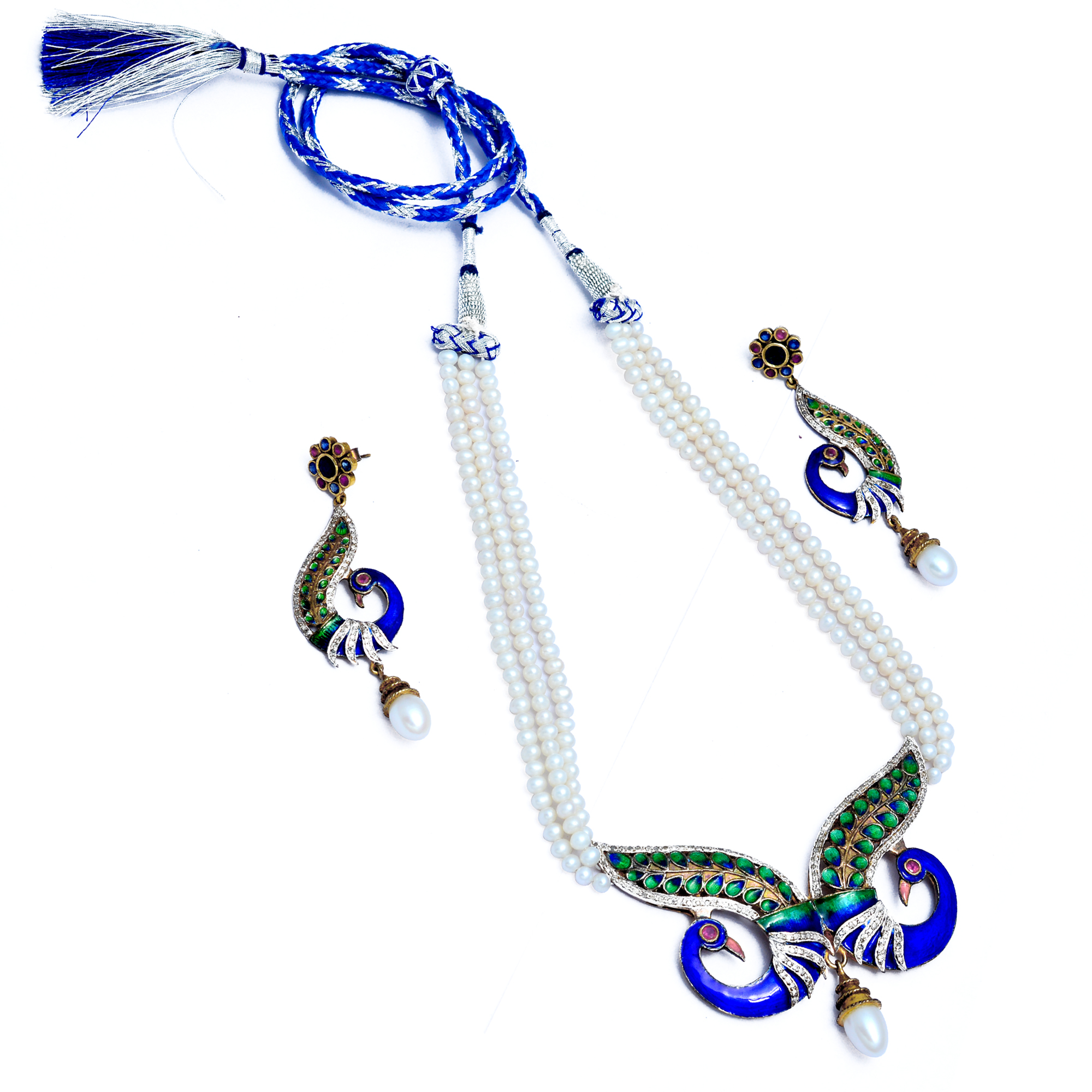 Rubies, blue sapphire, pearls & uncut diamonds enamelled peacock necklace set in gold plated silver - Image 2