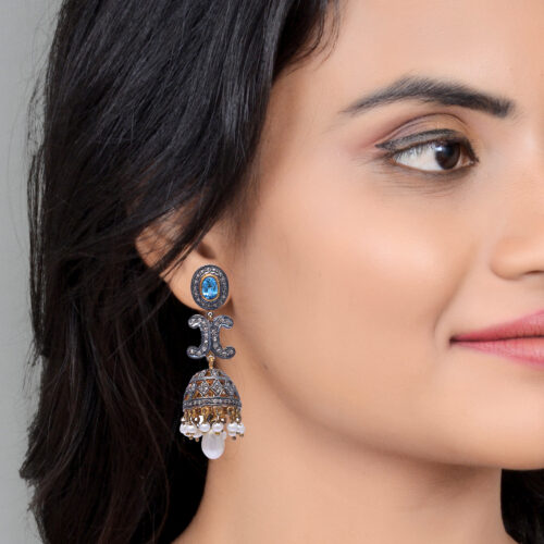 Blue topaz,uncut diamonds & Pearls victorian earrings in gold plated silver