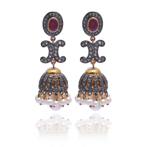 Rubies, uncut diamonds & pearls victorian earrings in gold plated silver