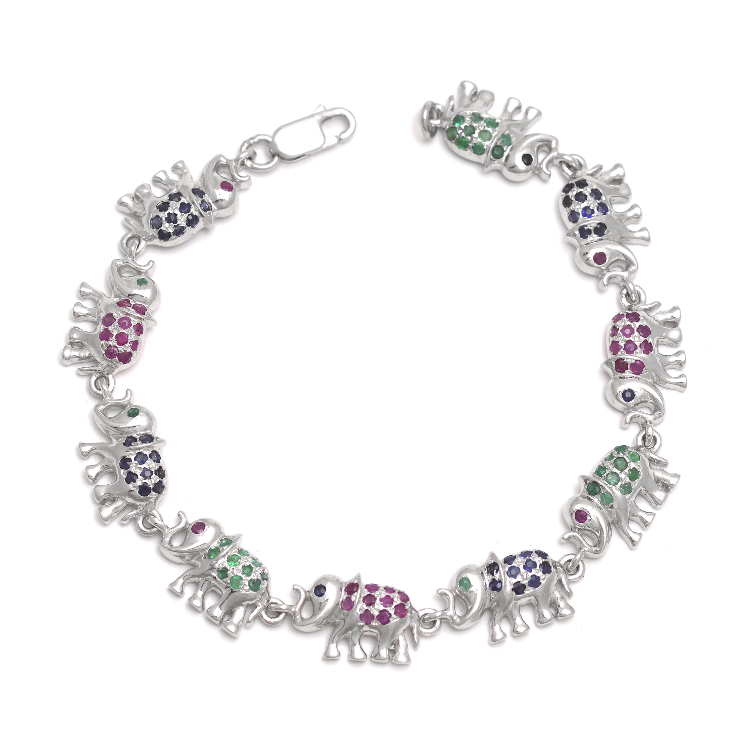 Multi colour Elephant bracelet with rubies, emeralds & blue sapphire in silver