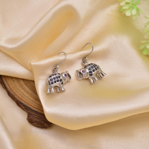 Blue sapphire & rubies elephant earrings in silver