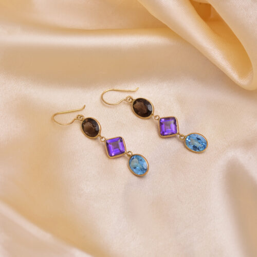 Smoky topaz, Emythist & blue topaz earrings in 18KT gold