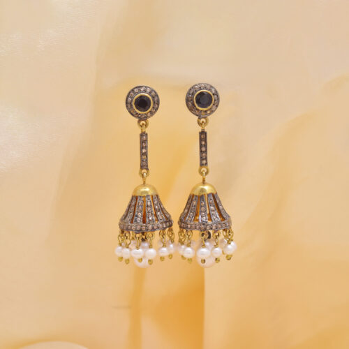 Blue sapphire, pearls & uncut diamonds Victorian earrings in silver