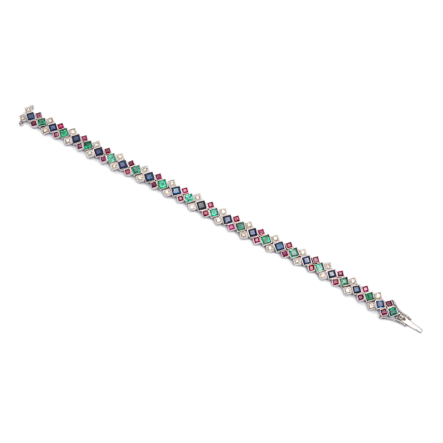 Square Emeralds, rubies, blue sapphire & diamonds in white gold 18KT - Image 3