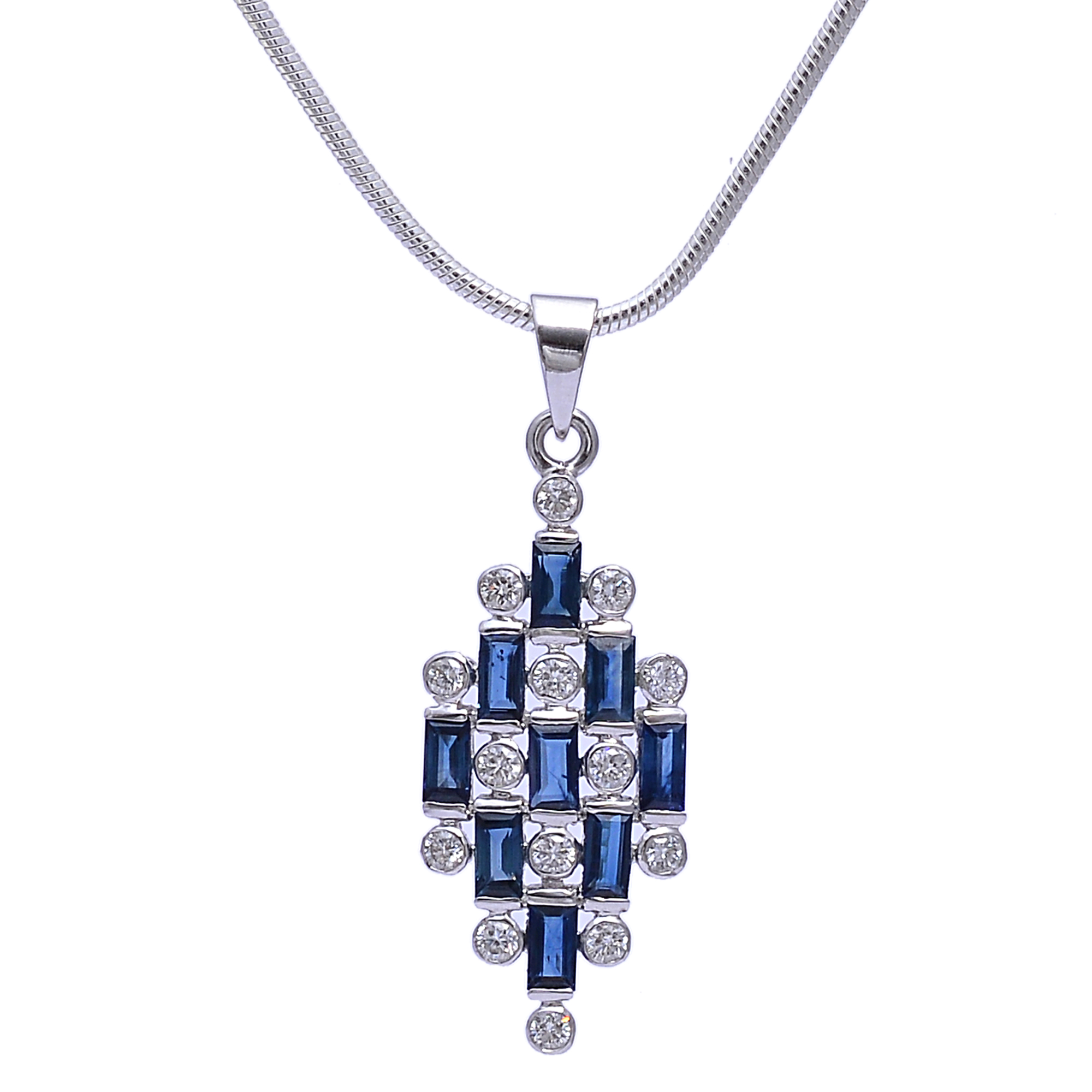 Blue sapphire baggets & diamonds pendant in 18KT white gold - Image 2