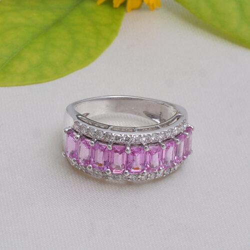 Baguette shaped pink sapphires & diamond ring in 18KT white gold