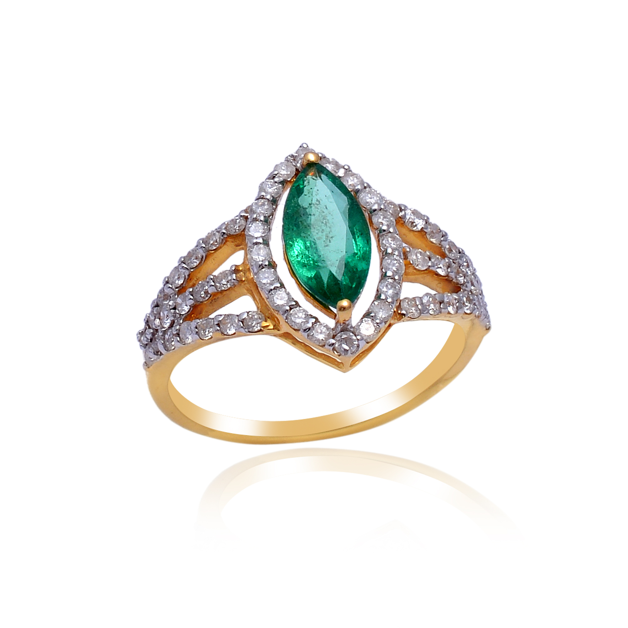 Marquise shaped emerald & diamond ring in 18KT yellow gold - Image 2