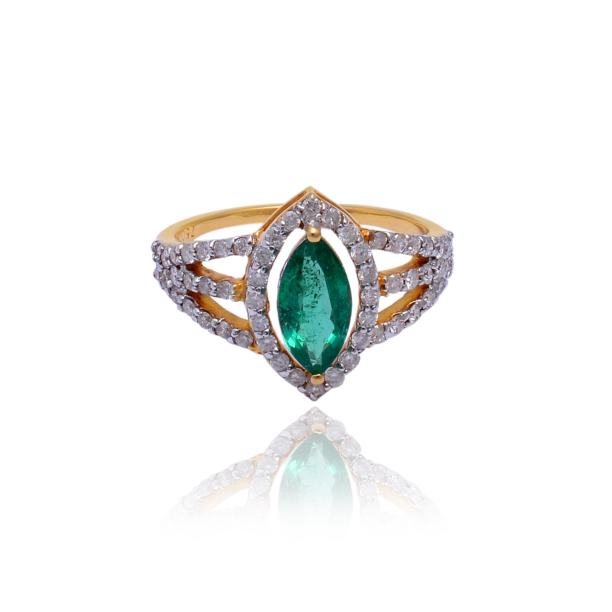 Marquise shaped emerald & diamond ring in 18KT yellow gold - Image 3