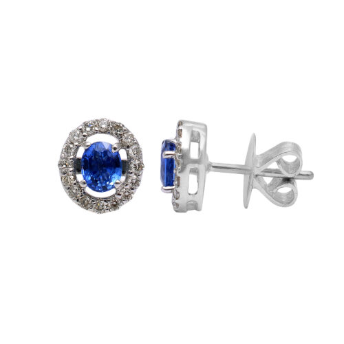 Oval shaped blue sapphire and diamond earring in 18KT white gold