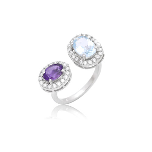Oval amethyst and topaz with cubic zirconia in silver ring