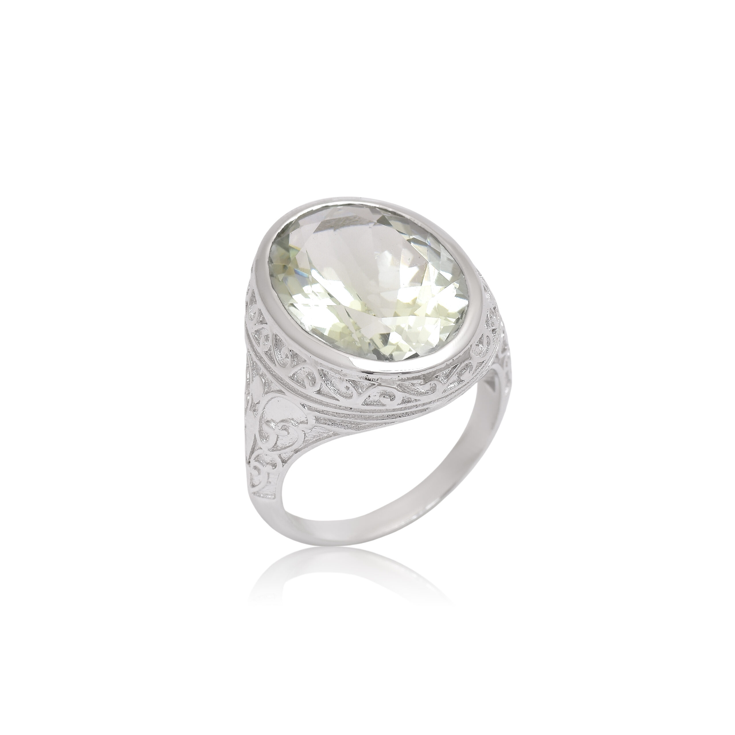 Oval green amethyst in silver ring