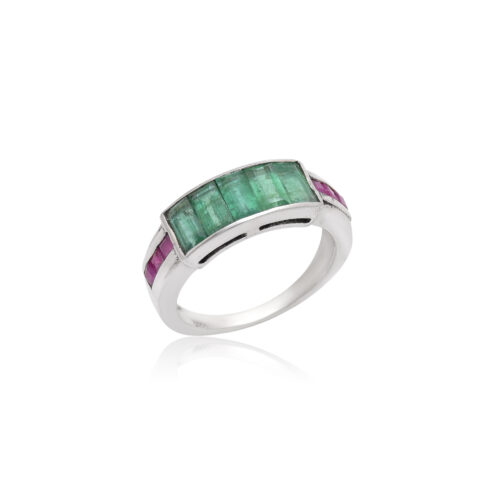 Emerald baguettes and rubies in silver ring