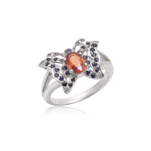 Butterfly ring in silver with blue sapphire and orange sapphire