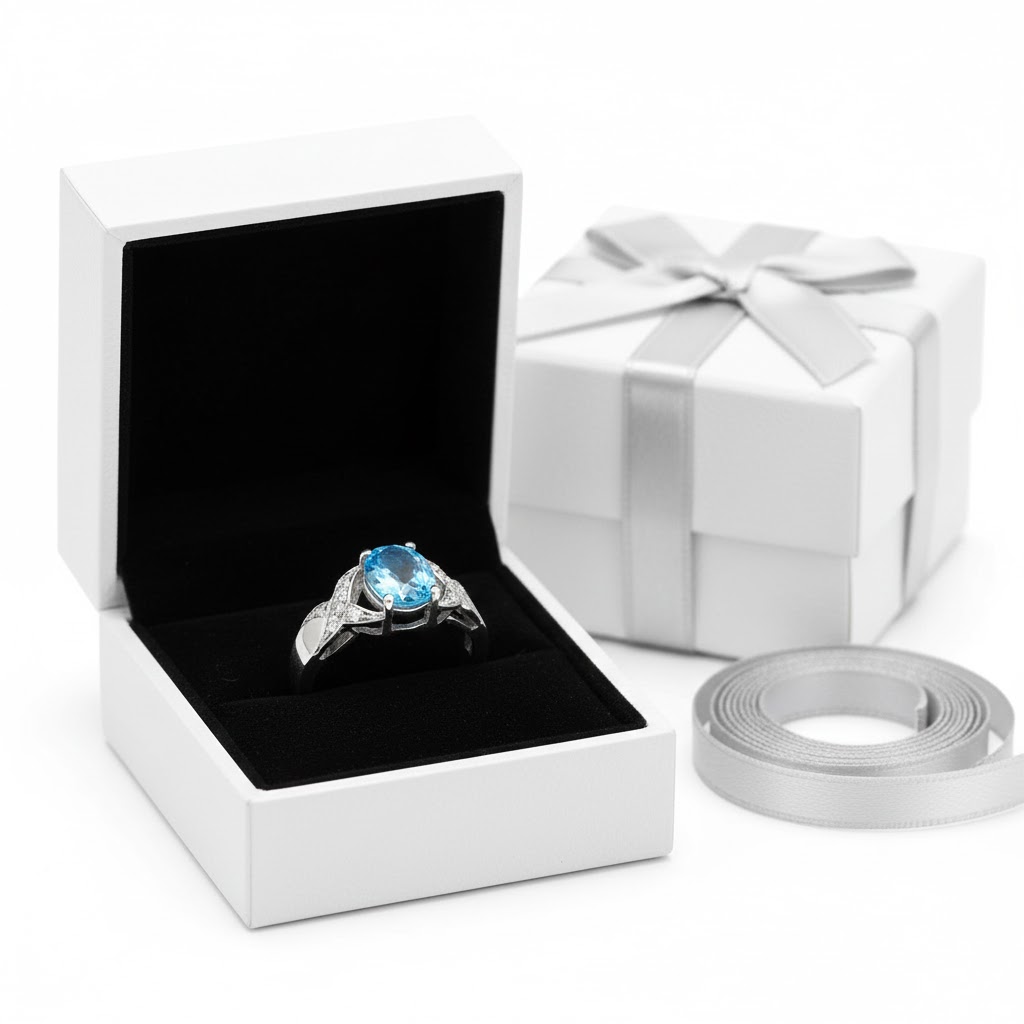 Oval shaped blue topaz and cubic zirconia in silver ring - Image 4