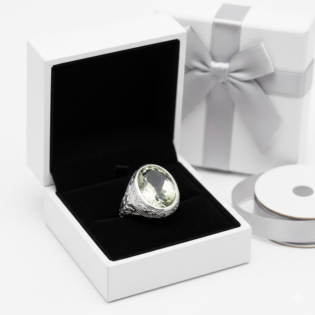 Oval green amethyst in silver ring - Image 5