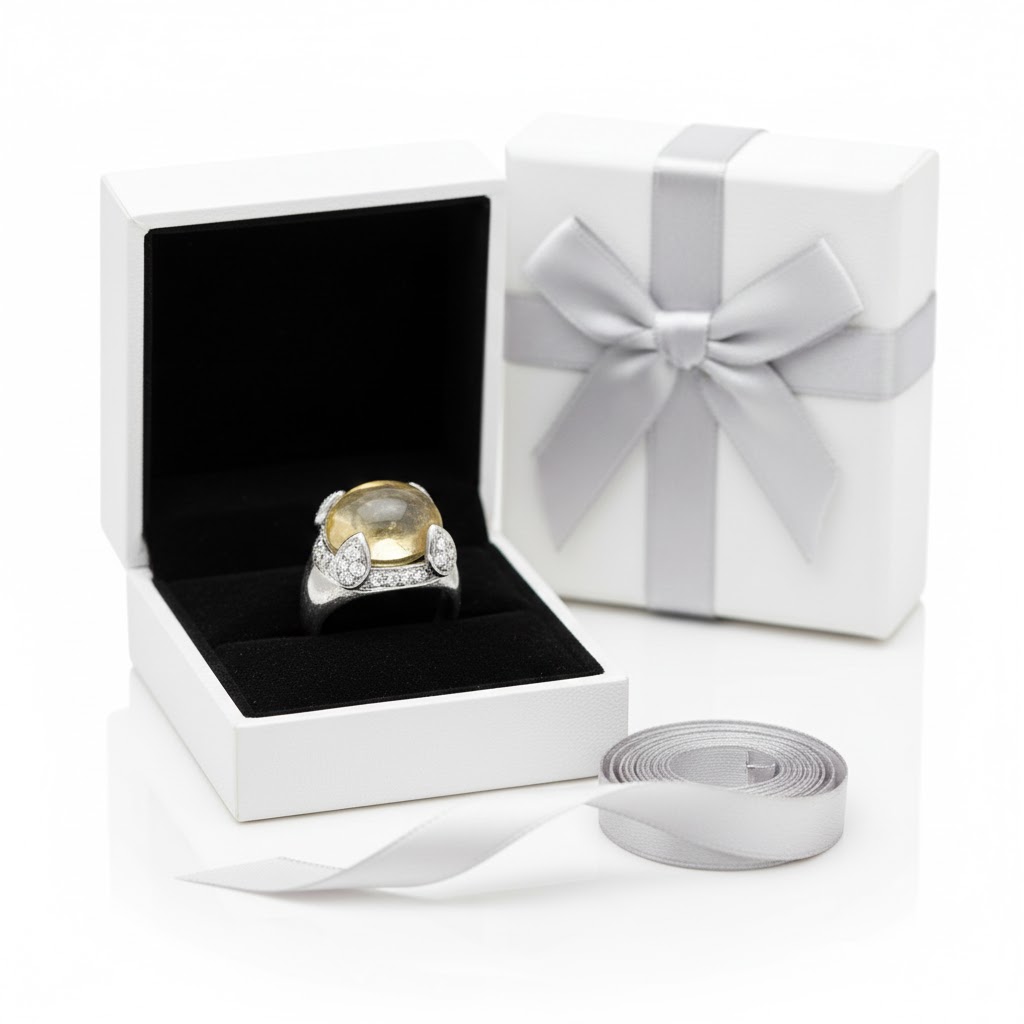 Citrene cabochon with cubic zirconia in silver ring - Image 4