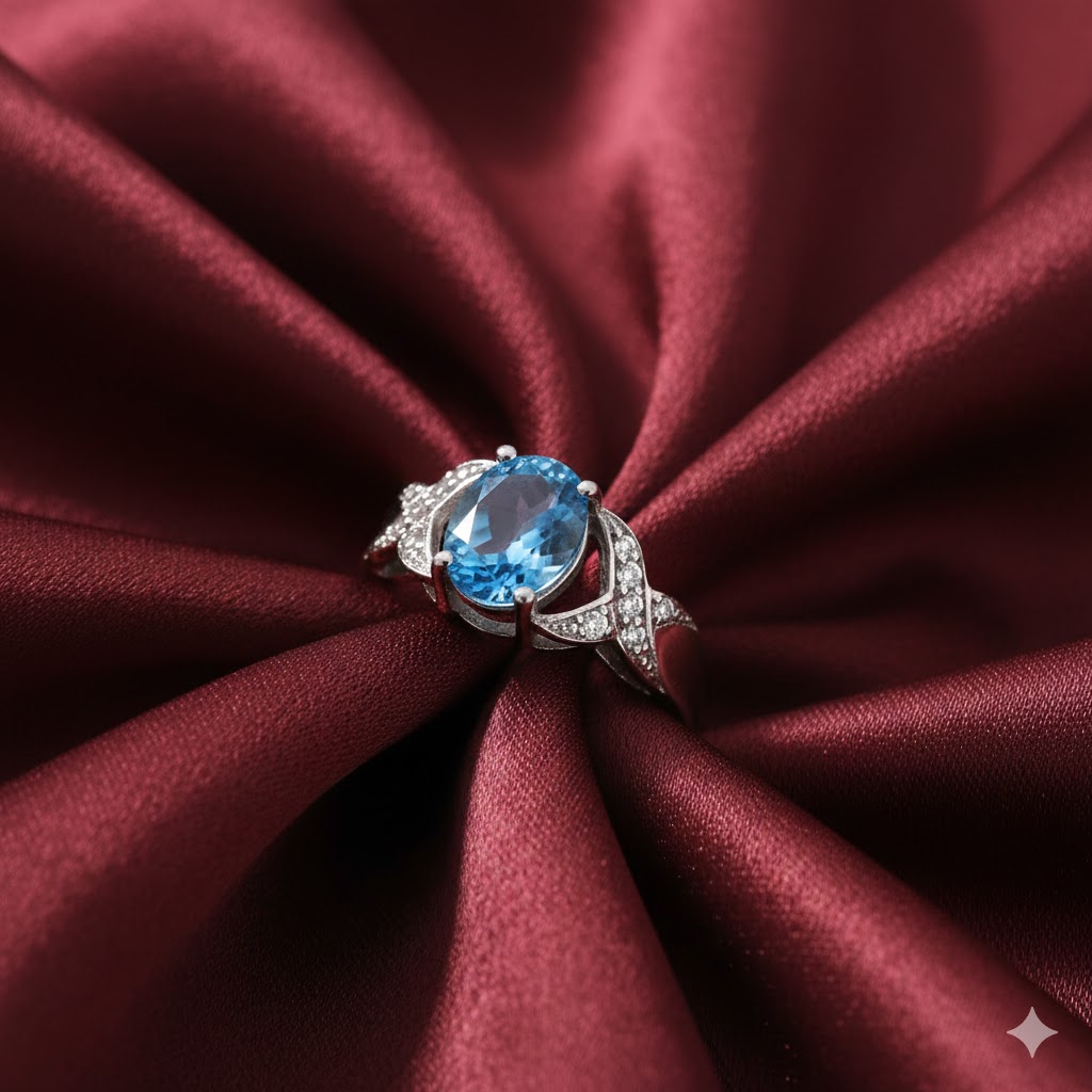 Oval shaped blue topaz and cubic zirconia in silver ring - Image 2