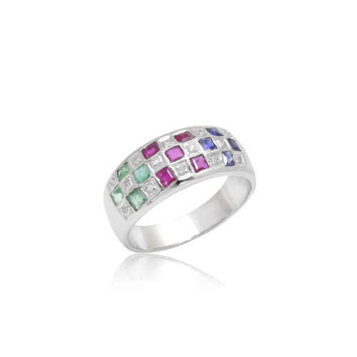 Square ruby, emerald, sapphire in silver ring