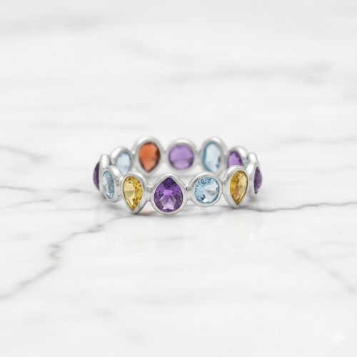 Multi color bezel ring in silver