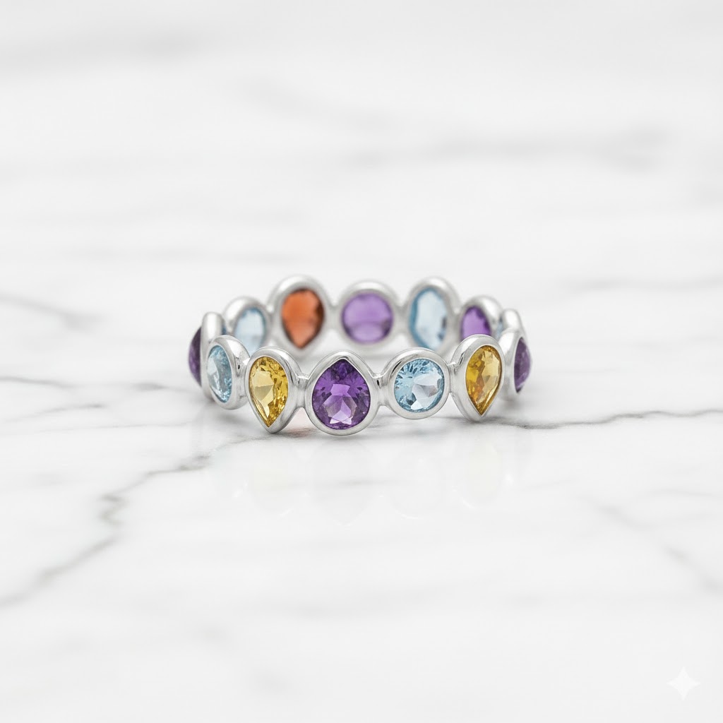 Multi color bezel ring in silver