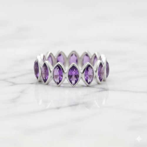 Marquise amethysts bezel ring in silver