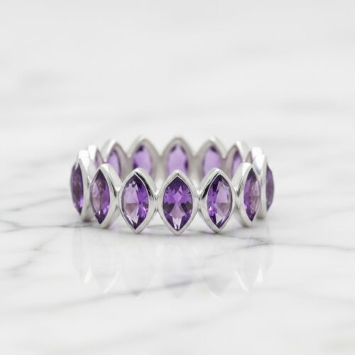 Marquise amethysts bezel ring in silver