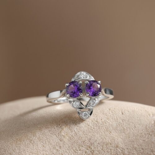 Round amethysts with natural zircons ring in silver