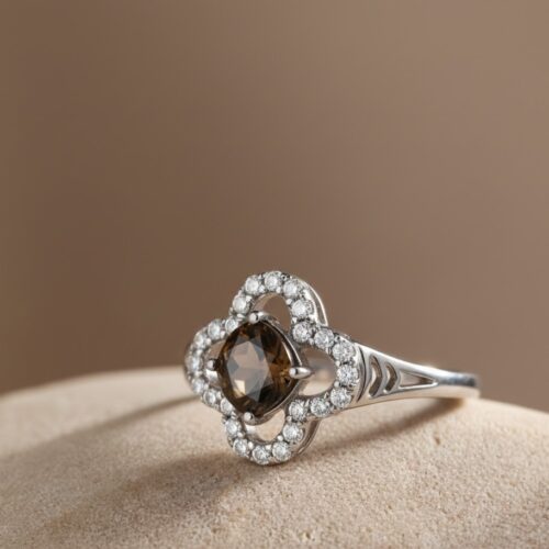 Oval smoky topaz with natural zircons ring in silver