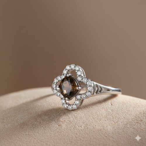 Oval smoky topaz with cubic zirconia ring in silver