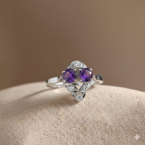 Round amethysts with cubic zirconia ring in silver