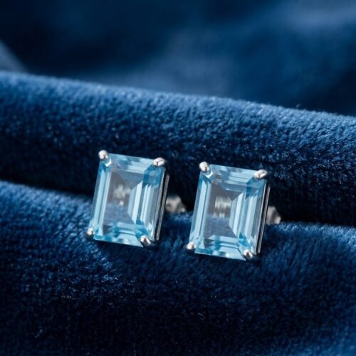 Natural blue topaz emerald cut stud earrings