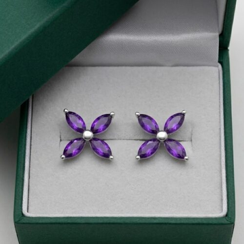 Natural amethyst marquise floral stud earrings
