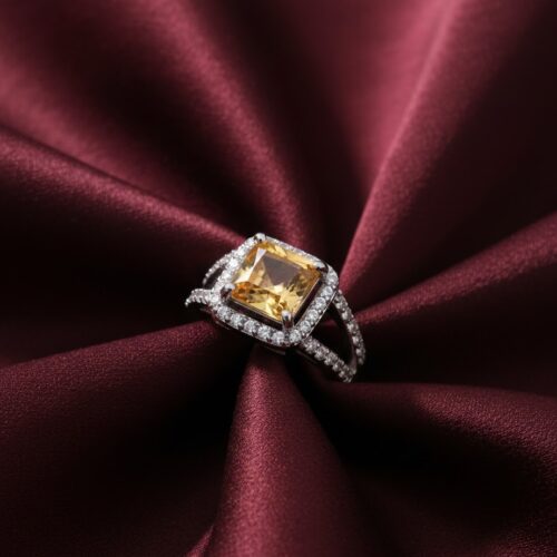 Square golden topaz with natural zircons in silver ring