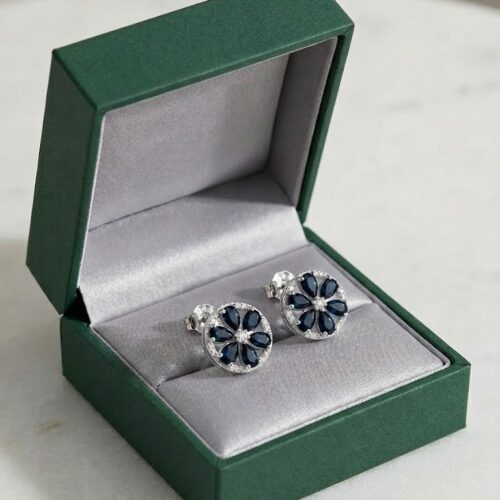 Blue sapphire diamond flower stud earrings