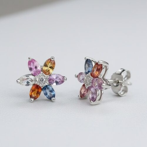 Multi-color sapphire flower earrings with diamond center