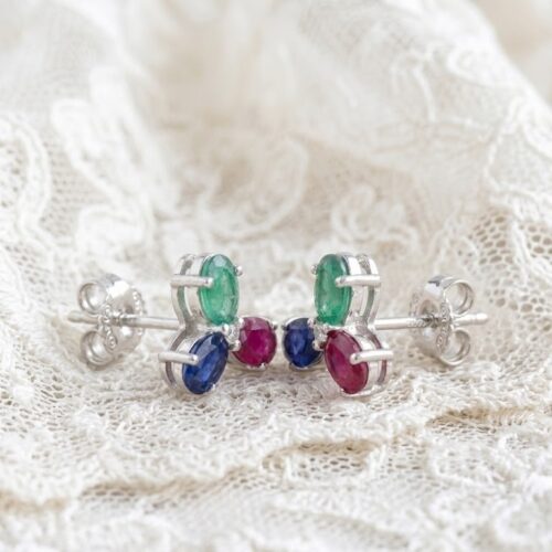 Natural ruby emerald sapphire trio stud diamond earrings