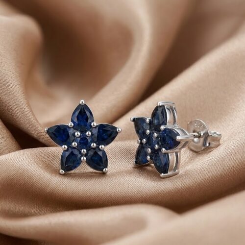 Blue sapphire star flower stud earrings
