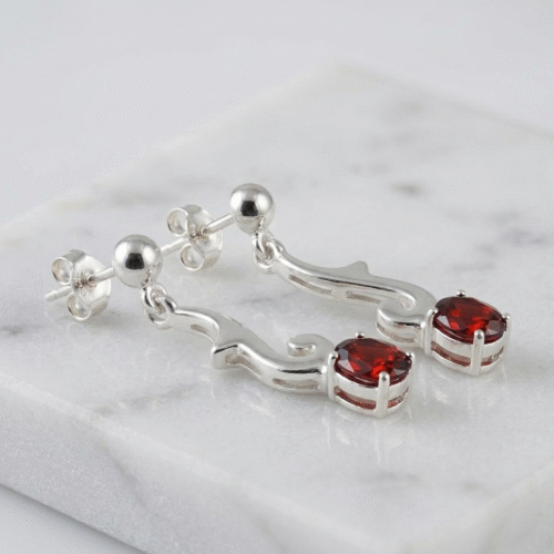Sterling silver oval garnet chandelier earrings
