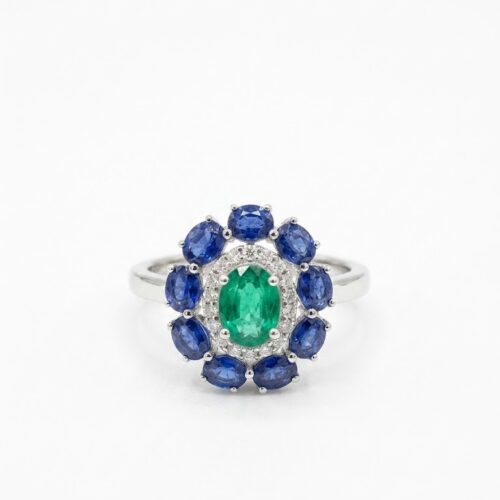 Blue Sapphire Emerald Diamond Flower Ring in 14KT Gold