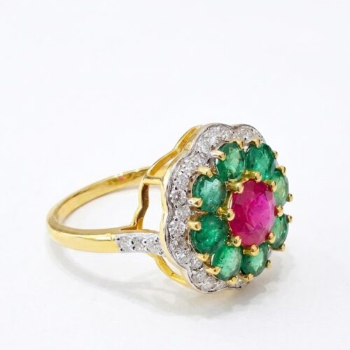 Ruby Emerald Diamond Flower Ring in 14KT Gold