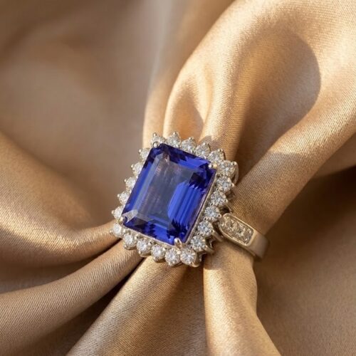Emerald cut tanzanite with diamond cluster in 18KT white gold